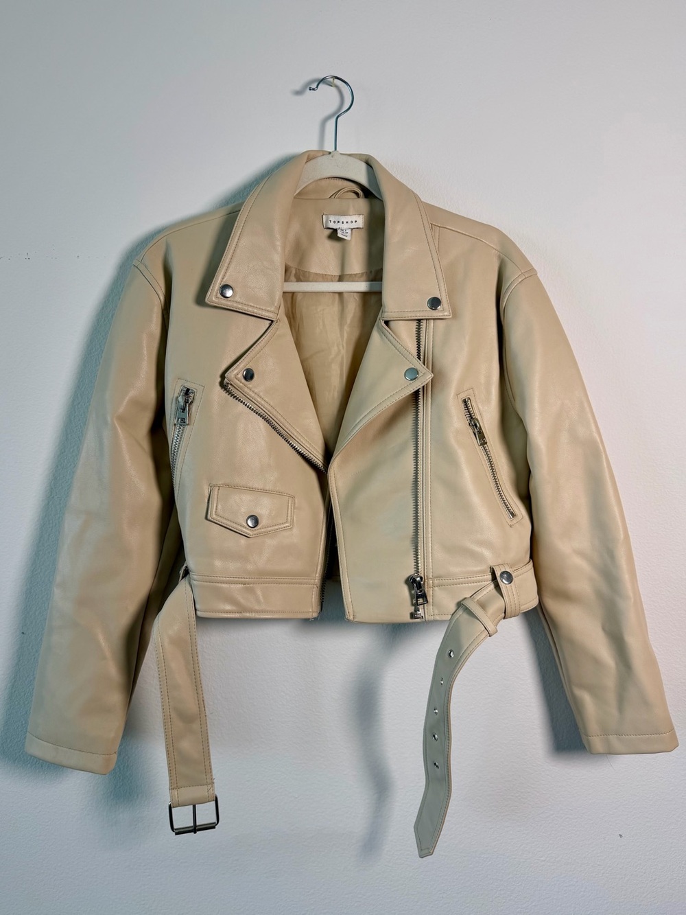 Topshop Cropped Leather Moto Jacket - Beige